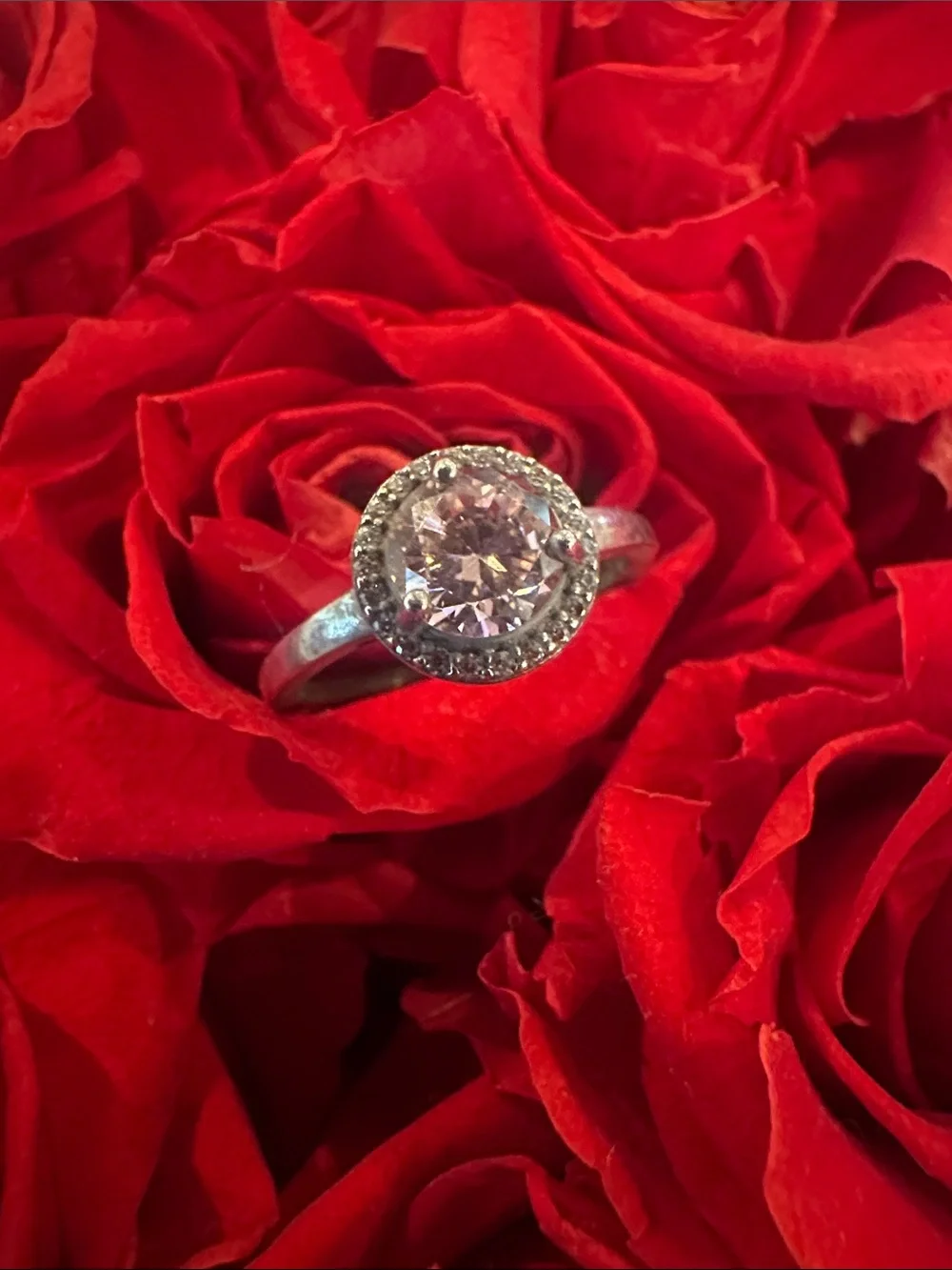 925 Silver Ring with Pink Center Stone and Halo